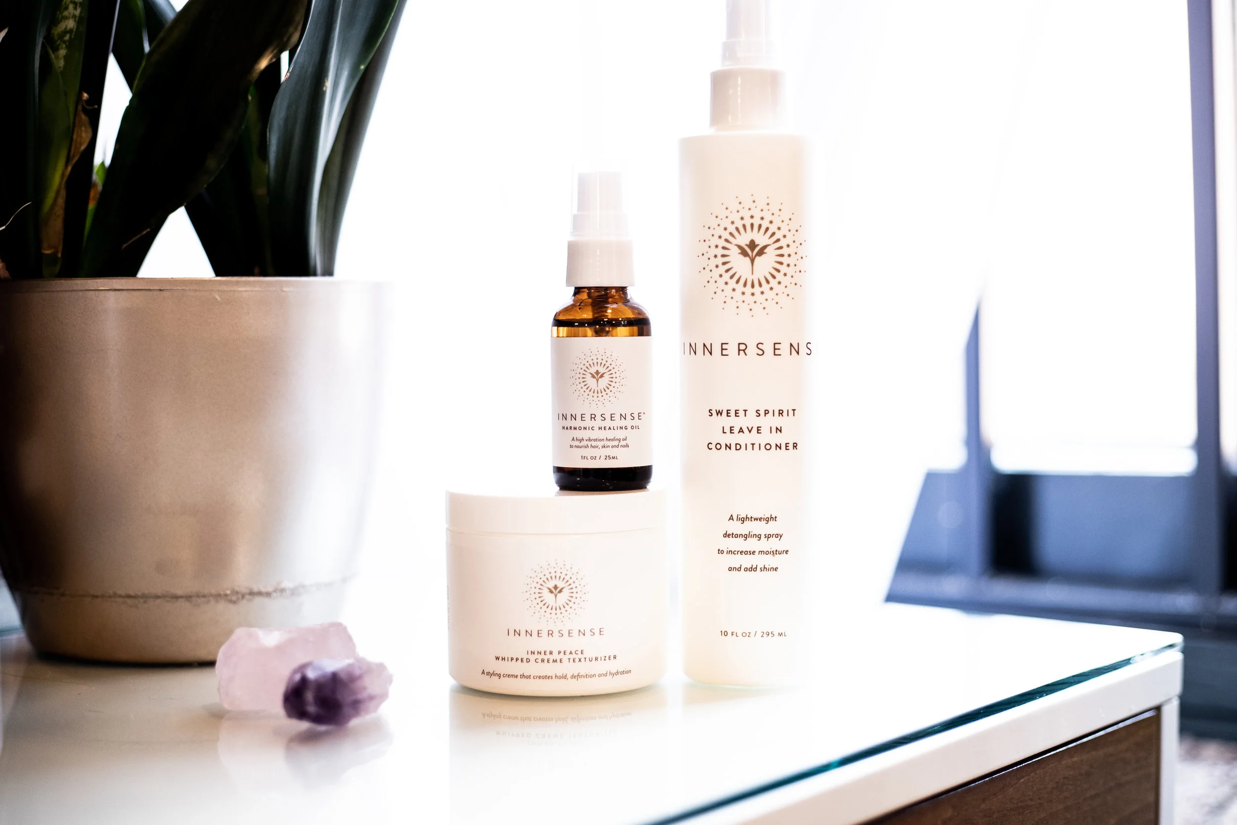 Innersense Sweet Spirit Leave In Conditioner, Innersense Harmonic Healing Oil, Innersense Inner Peace Creme Texturizer