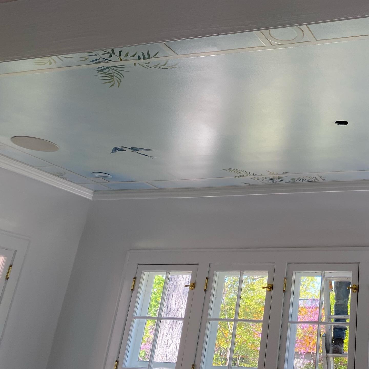 Specialty painting on my client&rsquo;s sunroom ceiling is turning this room into something very special.  The painter I use is incredibly talented and creative = the best collaboration!#ceilingpaint #fauxpaint #specialtypaint #sunroom #artonceiling 