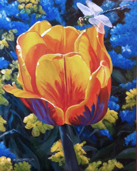 Tulip and dragonfly - acrylics on 22x28 inch gallery wrapped canvas