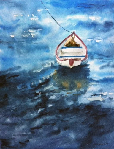 Lonely boat - watercolor on watercolor paper (11x15 inches)