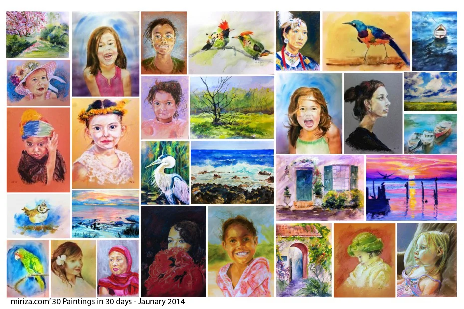 miriza's 30 Paintings in 30 days - January 2014 - All paintings are watercolors or oil pastels on paper
