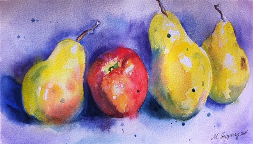 Three pears and an apple, watercolor on watercolor paper (6x11 inches approx.)