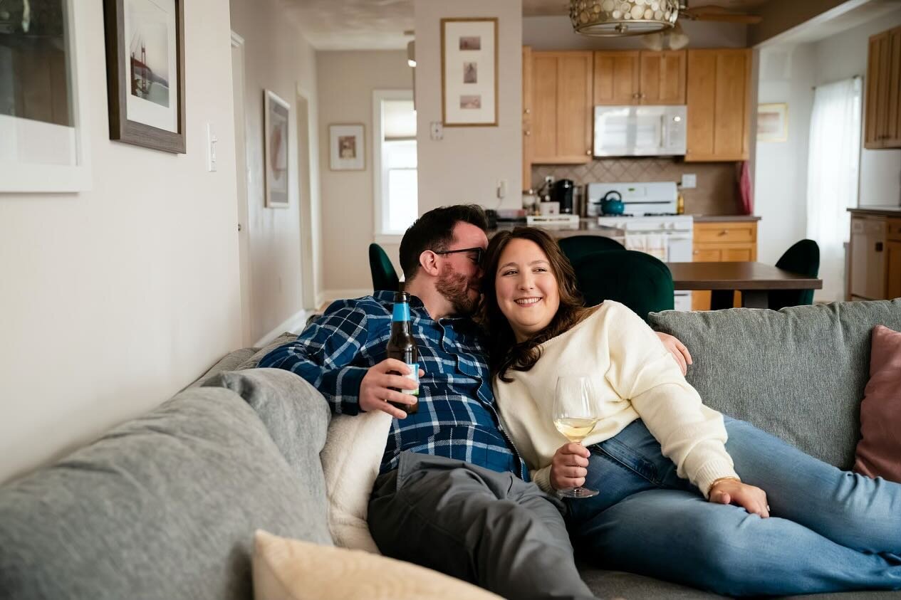 The forecast was not in our favor for the planned outdoor engagement session with Lauren &amp; Jimmy on Sunday, so we shifted gears and had a cozy at home session instead featuring Scrabble, Frank Sinatra, and their sweet pup Luna. 🐶🍷🎵💍