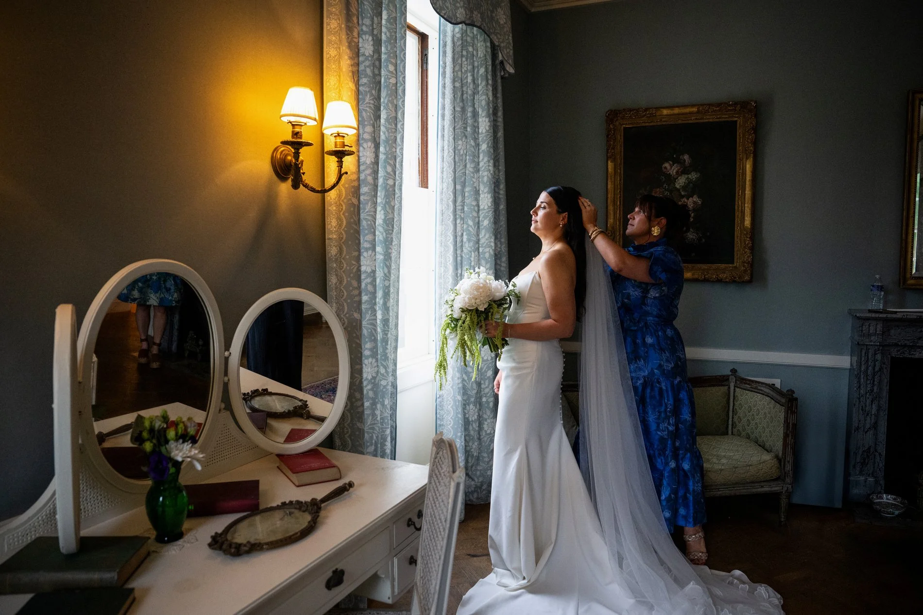 A bride gets ready in Edith Wharton's bedroom at The Mount in Lenox, Massachusetts.