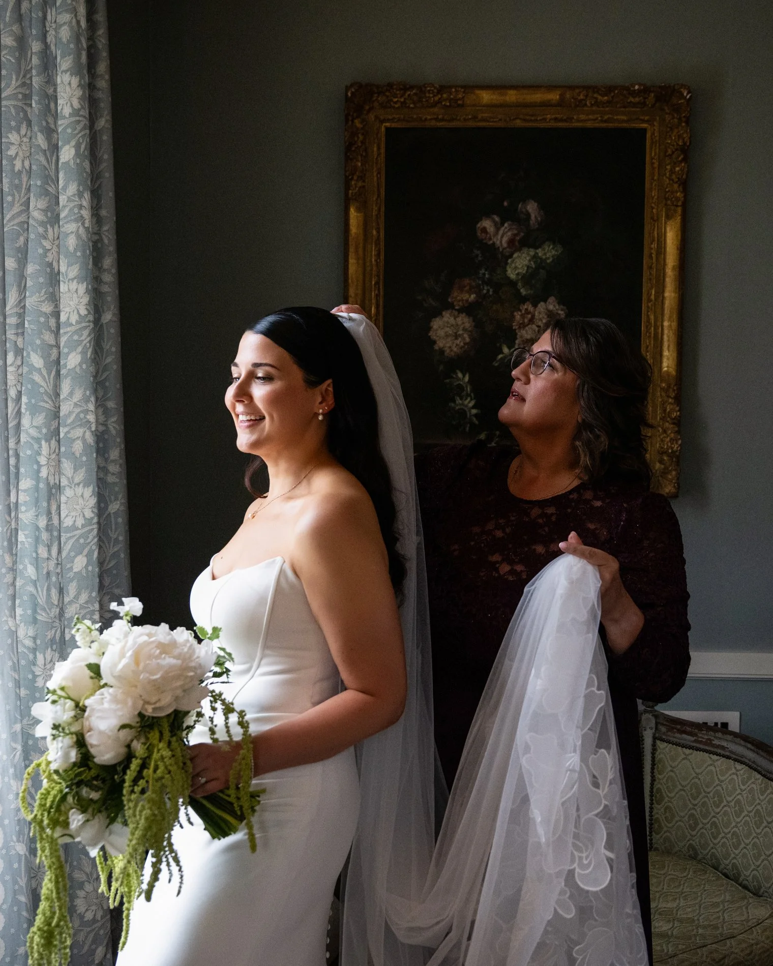 A bride gets ready in Edith Wharton's bedroom at The Mount in Lenox, Massachusetts.