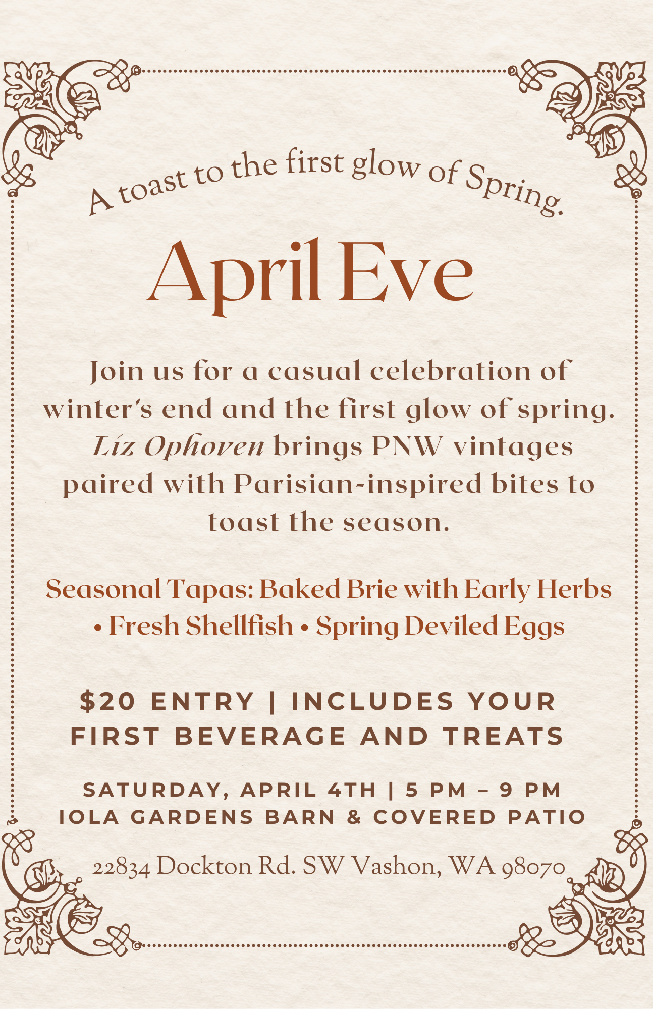 Iola Gardens and Wine Shop Vashon Present: April Eve