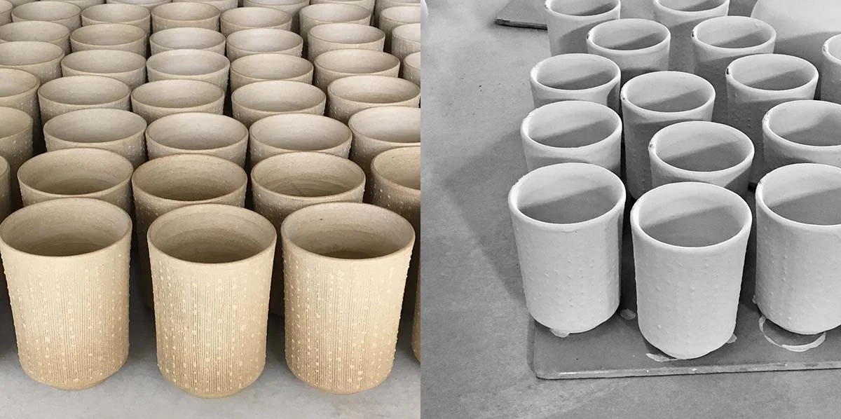 To the left: Our coral cups are drying prior to biscuit firing. To the right: The coral cups have been glazed and are waiting to be fired.