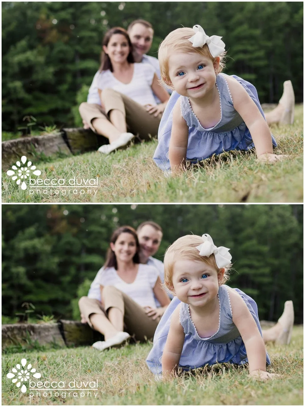 Maybe it's just me, but when I see the image at the top I think "OH NO! SOMEBODY KEEP THE BABY FROM ROLLING OUT OF THE FRAME!" Sophia is simply DARLING, and capturing the moment here with her parents looking on lovingly at their little peanut took priority over properly composing the shot. BUT!! Once I loaded it into the editing software, I was immediately distracted by the "tilt." 