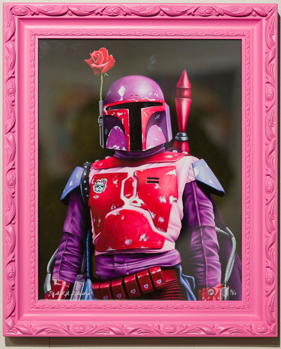 Being a huge Star Wars fan as soon as I saw this at Spoke Arts both at ArtPadSF I had to have it. The Original sold for $2200 Artist: Scott Scheidly Size: 11" x 14" (unframed) - 14" x 17" (framed) Printed by: N?A Details: Fine art giclee print in a custom painted hot pink frame Run size: 50