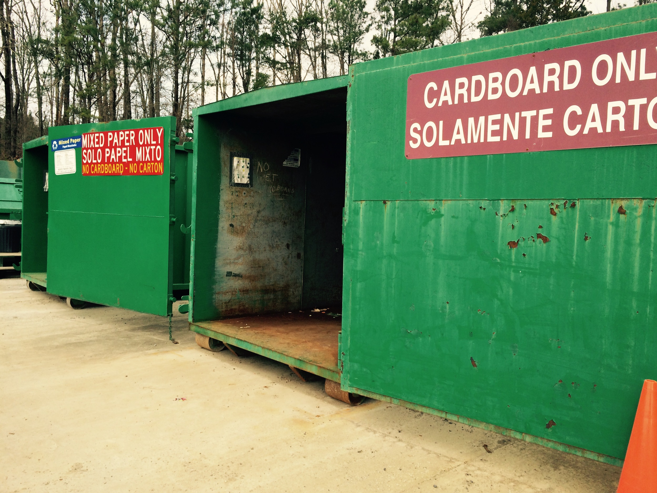 Mixed paper and cardboard drop-off containers at the Mcgaughey chapel location. cardboard boxes must be flattened or broken down before going into the container.