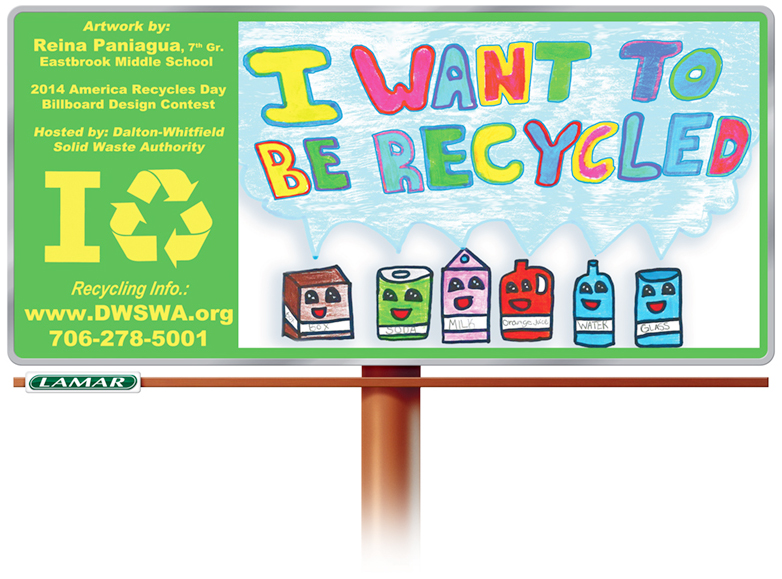 The 6th Annual America Recycles Day Billboard Design Contest is underway. Pictured is the winning design for 2014 designed by Reina Paniagua, a 7th grader from Eastbrook Middle School.