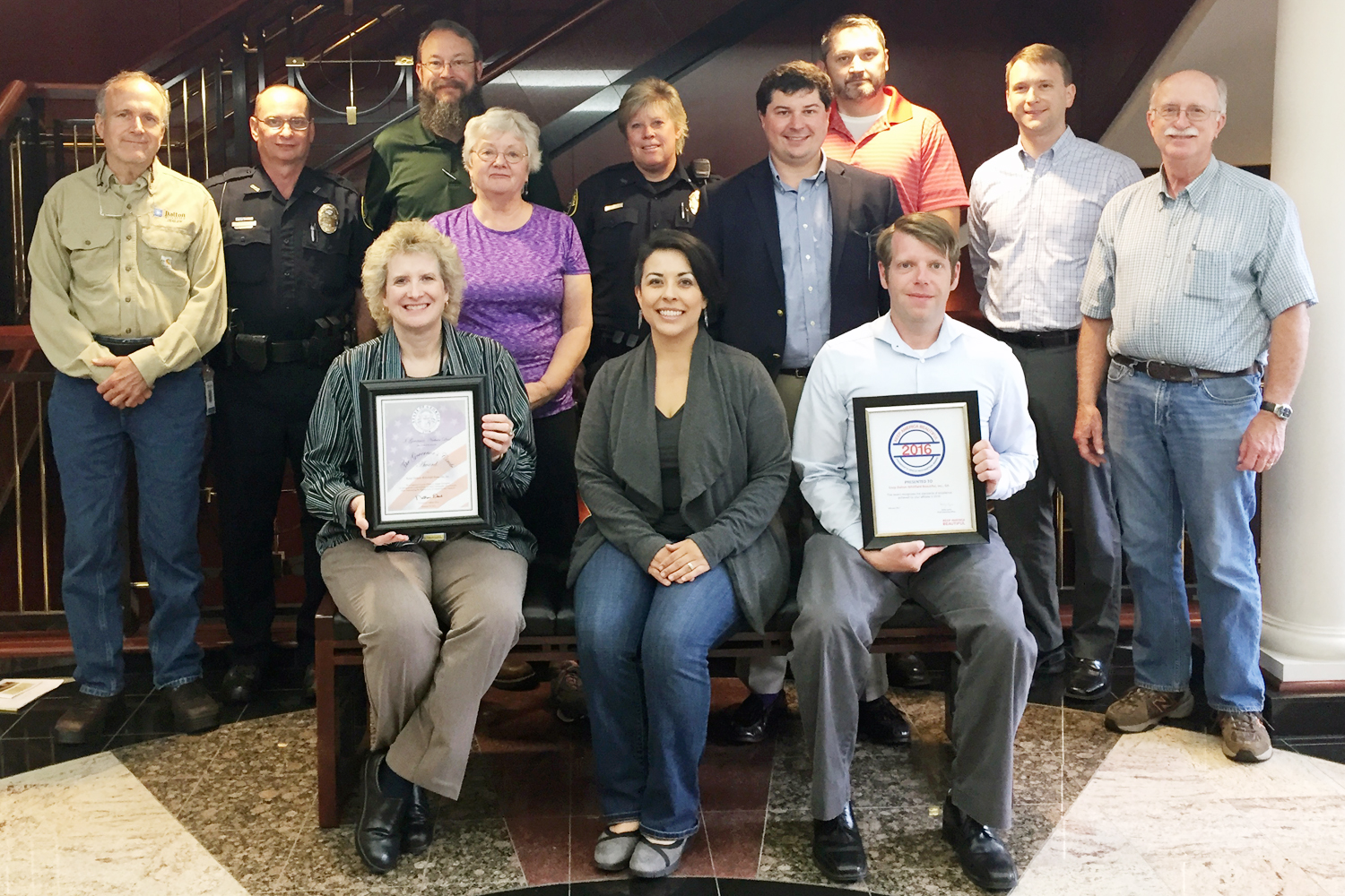 Pictured are Keep Dalton-Whitfield Beautiful board members with the awards for 2016. Front row (left to right): Karey Williams, Liz Swafford, Anthony Cline. Middle row: Patricia Edwards, Scott Delay. Top row: Phillip Pfeifer, Chris Cochran, Dirk Verhoeff, Jennifer Jefferies, Joe Thomas, Aaron Marcelli, Clyde Taylor.