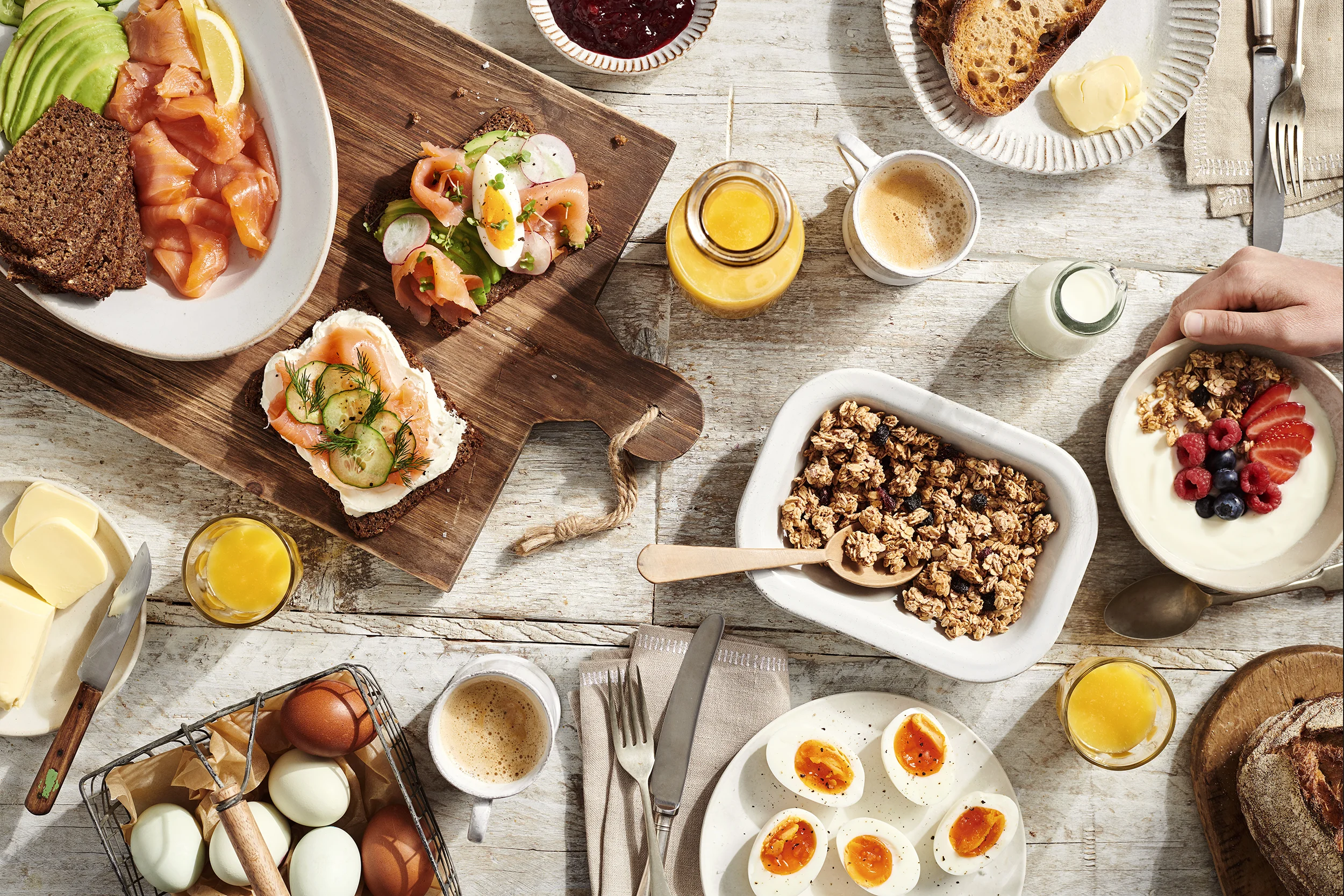Scandinavian breakfast flatlay food photography
