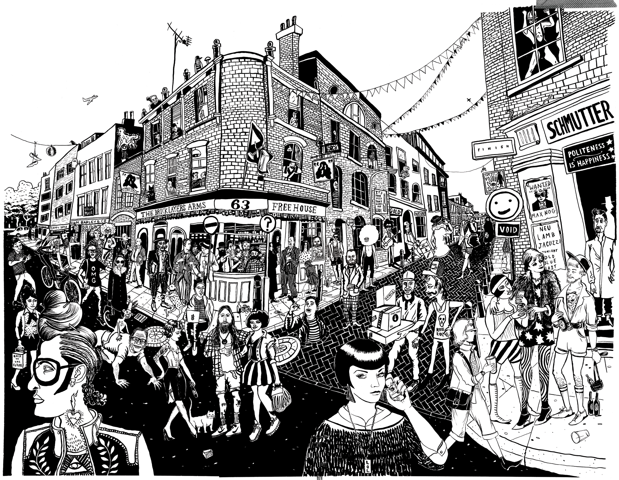The Bricklayers Arms at the corner of Rivington Street and Charlotte Road. Featuring Mole Vessey, James Creighton, Duffy, Banksy and a man with a balloon haircut.