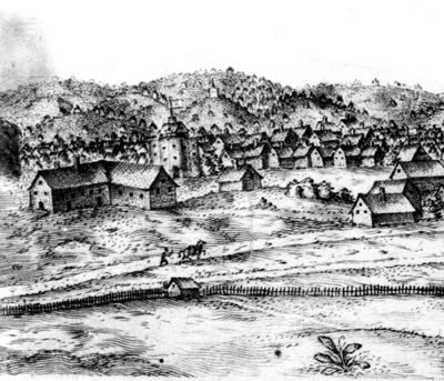 Illustration showing the Curtain Theatre from Abraham Booth’s manuscript journal of 1628-29 