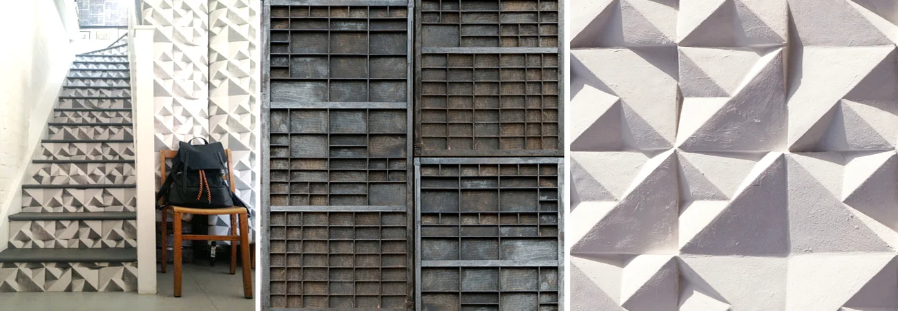 ELLA DORAN'S ACCENT MURALS, INSPIRED BY CONCRETE RELIEFS AND ARCHITECTURE.