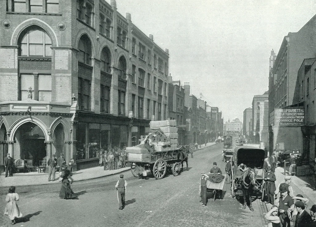 view of Curtain Road from the Corner of Great Eastern Street, taken by George Newnes in 1896 and sourced from Look and learn ( www.lookandlearn.com )