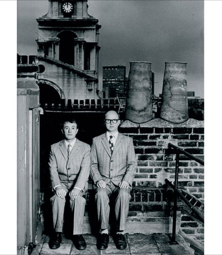 Gilbert & george above their 18th century house at Fournier Street, Spitalfields, 1986, by herbie knott