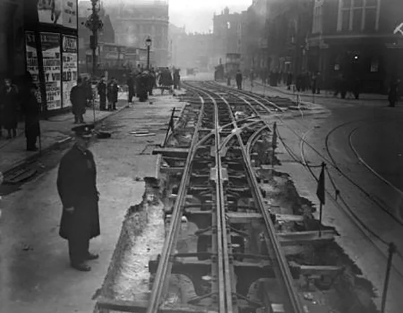 Tramlines under construction on Shoreditch High Street. Photograph courtesy of London Transport Museum
