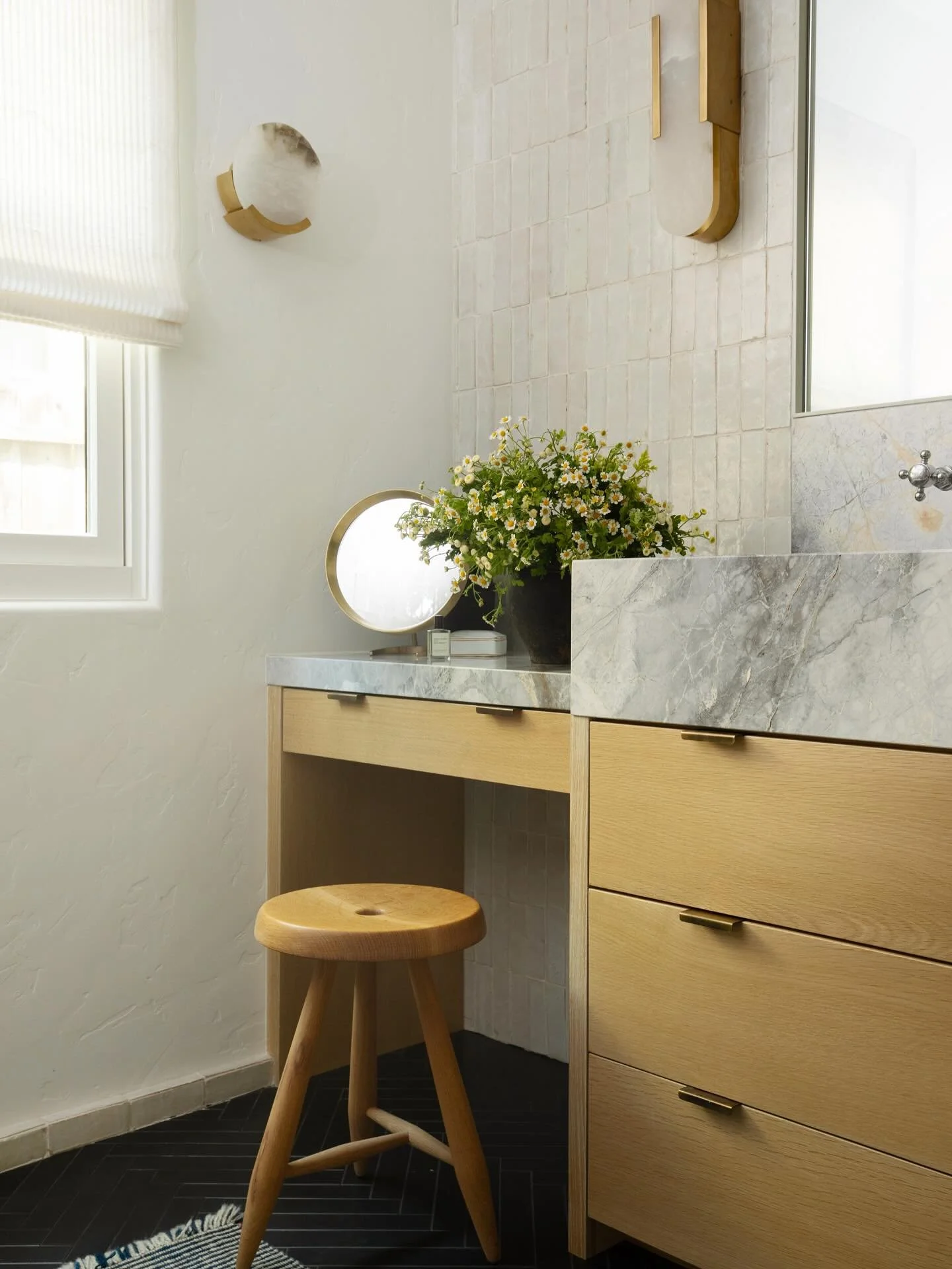 Every detail in this bath was custom, from the massive custom sink, to the powder coated mirror and oak millwork measured for the clients&rsquo; very specific needs. True luxury is in the personalization of each and every detail with you in mind.