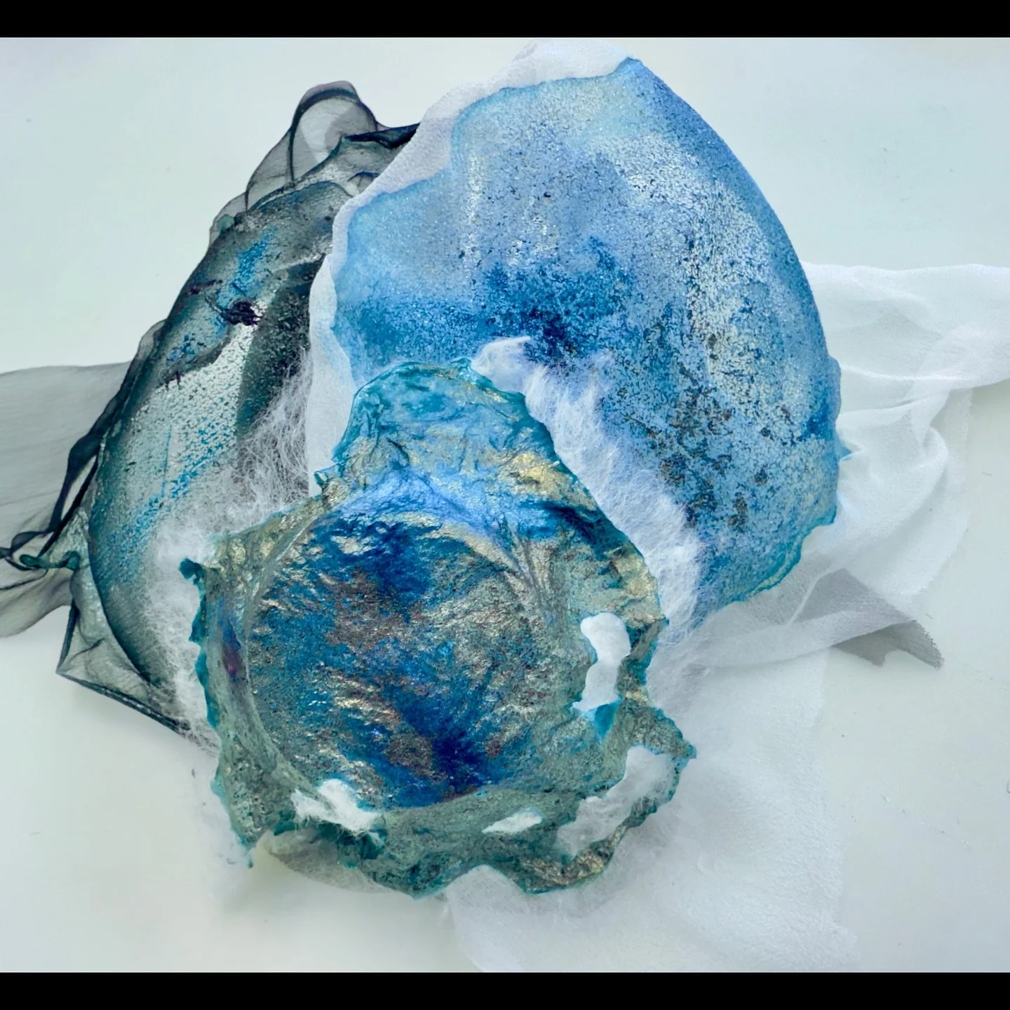 Finally back working in the studio-yay! Working on some prototypes for an outdoor installation and performance piece next Spring! Shown here: a couple samples of possibilities - biomaterial, pigment, and silk.  #installation  #outdoorart  #biomateria