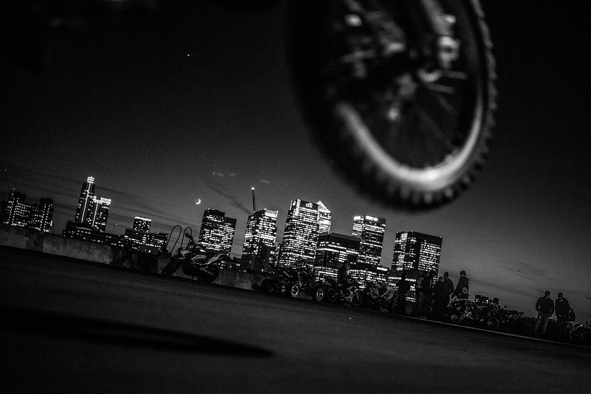 Justo pops a wheelie during a meetup at the 02 Strip in North Greenwich, in front of the Canary Wharf Skyline London. 20/05/2015