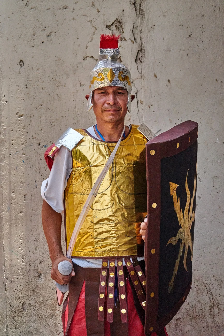  Horacio, an ex MS-13 gang member serving time for homicide, wears a Roman soldier outfit that he made for recent Easter celebrations. The costume was made during an arts and crafts class which is part of ‘Yo Cambio’ programme 