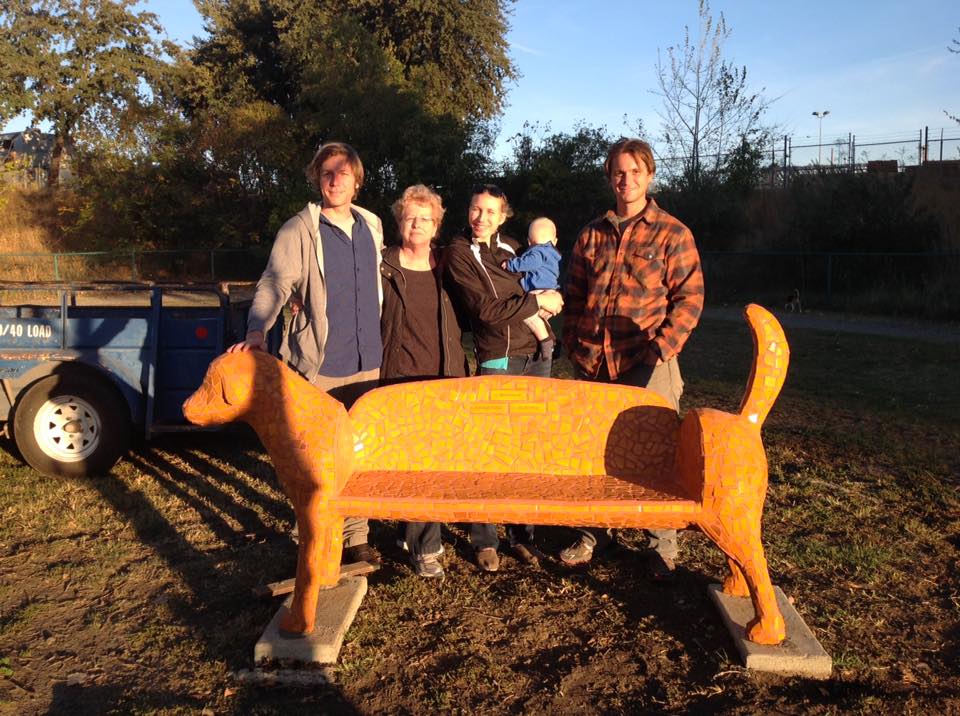  This a Memorial Bench for George Fisher (1949-2014). Artist and Fisher Family gathered for this image on the morning of installation. Located at Toad Hollow Dog Park in Davis, California.  