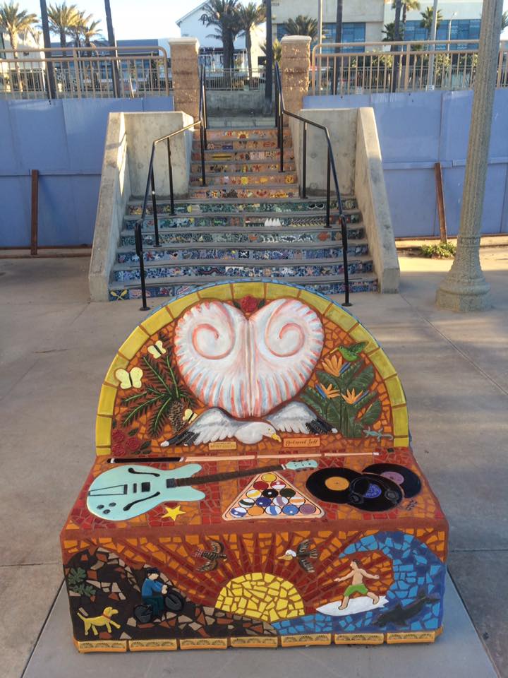  “Ocean Heart” a public memorial bench for Jeffrey Cullen located near the Jr. Lifeguard Building on Huntington Beach, CA oceanfront boardwalk. 2016 