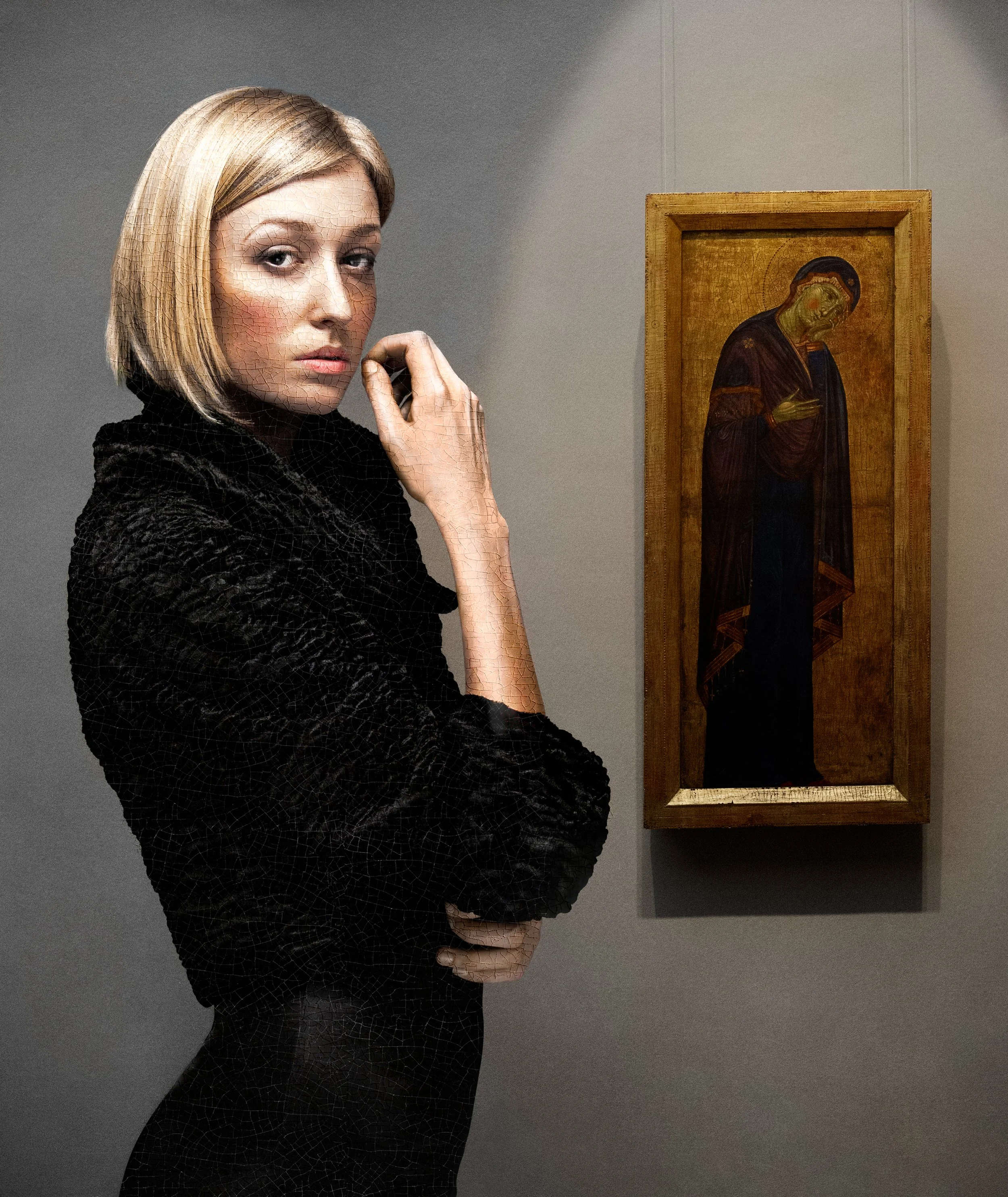 #108, Digitally manipulated photograph of Tabitha D. taken on March 3, 2008-03-02. Painting: "The Mourning Madonna", anonymous painter known as the Master of the Franciscan Crucifixes, c. 1272. Washington, DC, USA 
2023-07-08