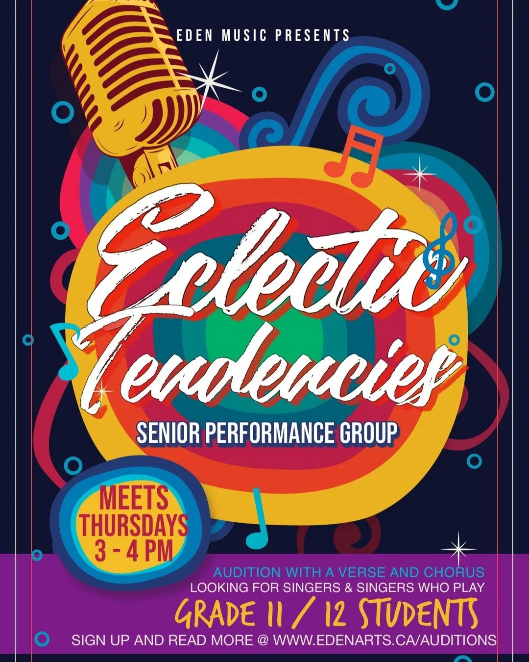 Are you a Grade 11/12 student looking to audition for Eclectic Tendencies? This is a senior vocal performance group and we are looking for new members. Auditions are Monday, Sept 16 at lunch or after school OR Wednesday at lunch. Go to www.edearts.ca