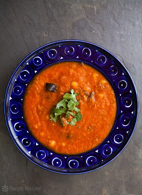 Roasted Tomato and Eggplant Soup with Chickpeas