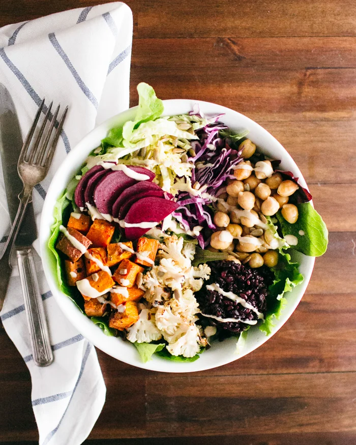 Goodness Bowls with Roasted Spring Veggies and Lemon-Tahini Dressing
