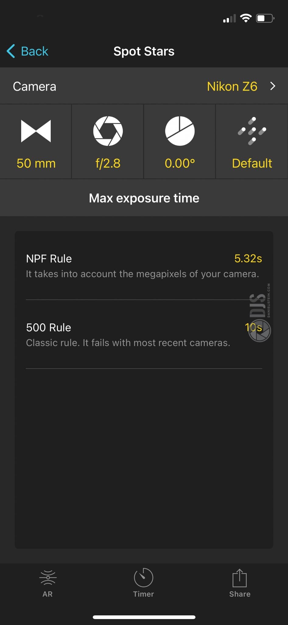 The NPF calculator in Photopills