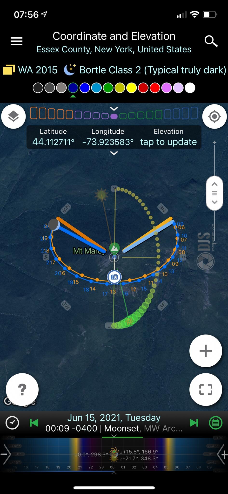 A closer zoom on the Light Pollution Map in Planit.