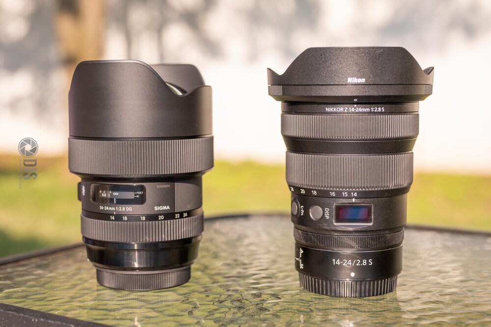 Side by side with the Canon mount Sigma 14-24 vs. the new Nikkor 14-24. At first glance the Canon is shorter, but that is because an adapter is required for mounting to a mirrorless.