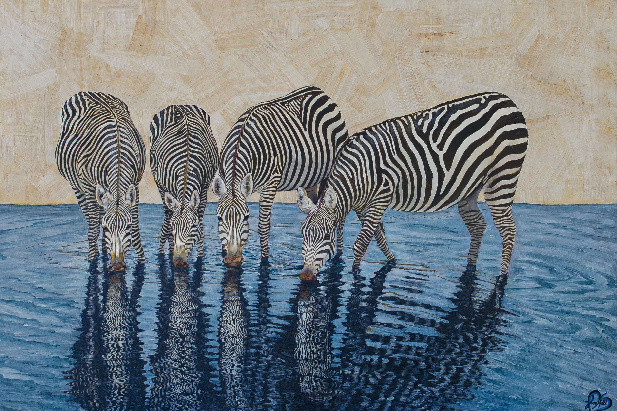 Painting of four zebras drinking water from a blue pond with reflections.