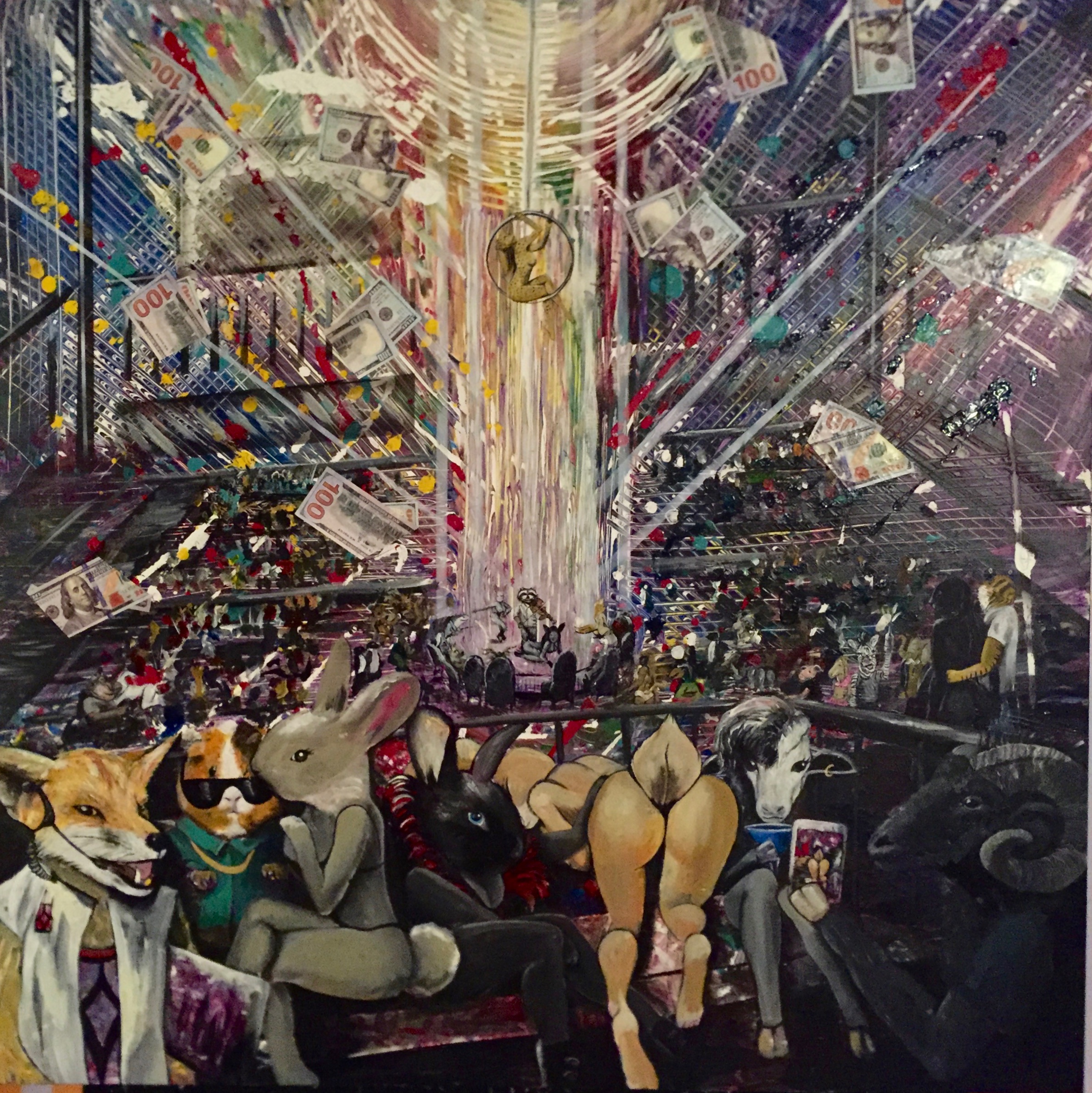 Colorful painting featuring anthropomorphic animals in a futuristic setting with digital screens, money, and confetti. Center shows a light beam with a coin. Fox, rabbit, cat, and others appear seated with an audience in the background.