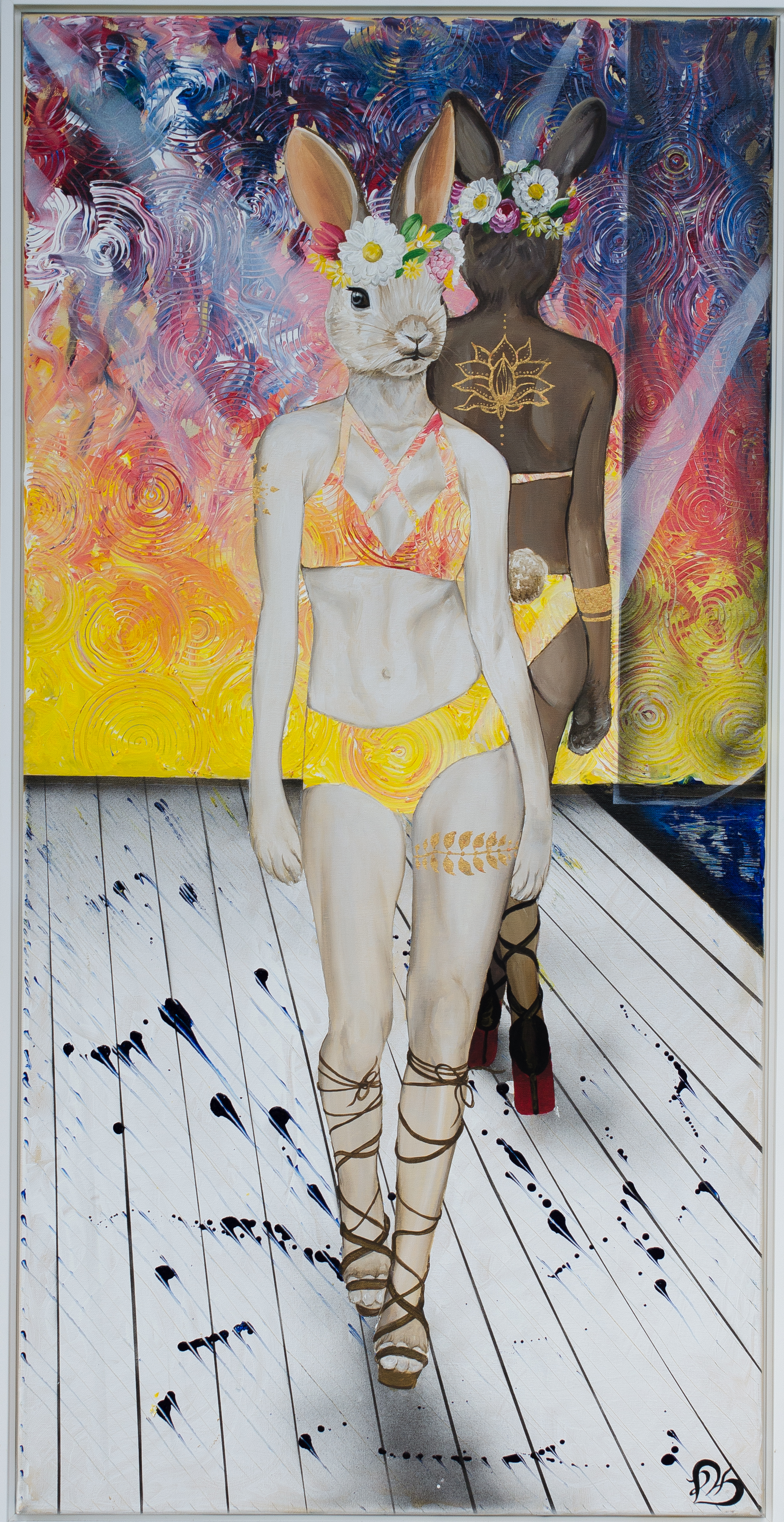 Surreal painting depicting two humanoid figures with rabbit heads on a runway. One is light-skinned in a yellow bikini, the other has darker skin with a lotus tattoo, both wearing flower crowns. Background features vibrant swirls in red, blue, and ye
