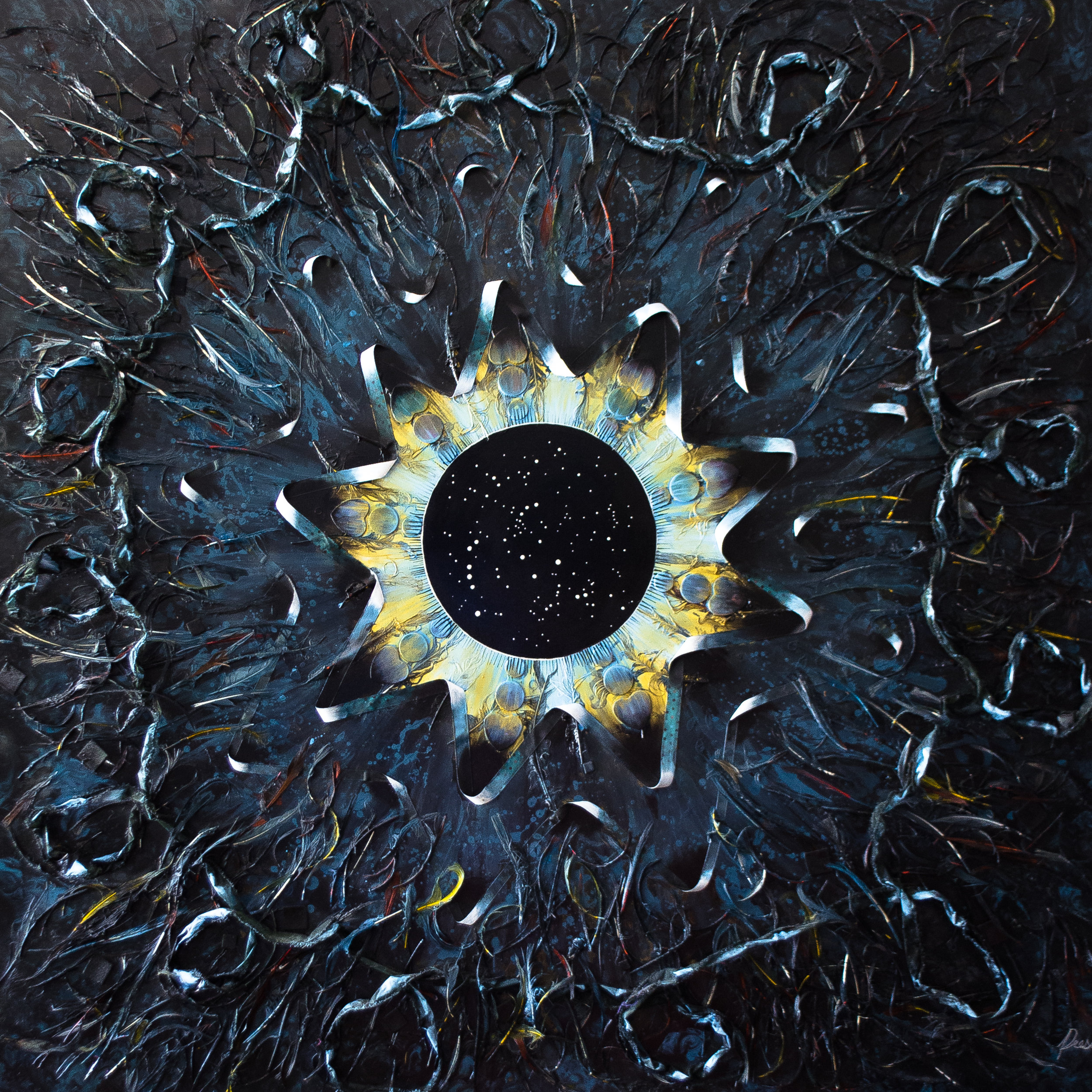 Abstract artwork depicting a dark, textured background with a central circular black area surrounded by a starburst of blue and yellow textures mimicking a cosmic theme.