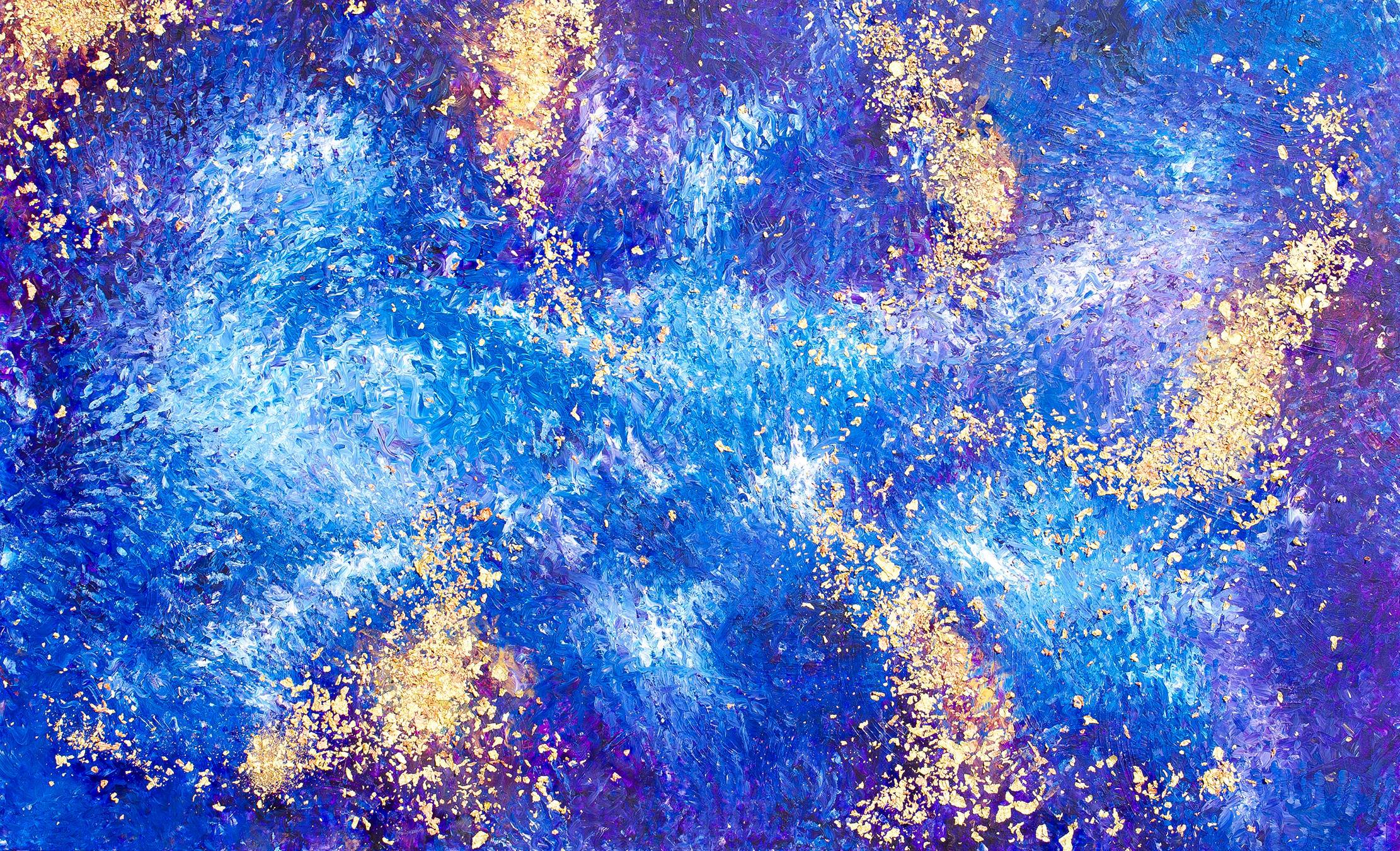 Abstract blue and gold textured painting with swirling patterns