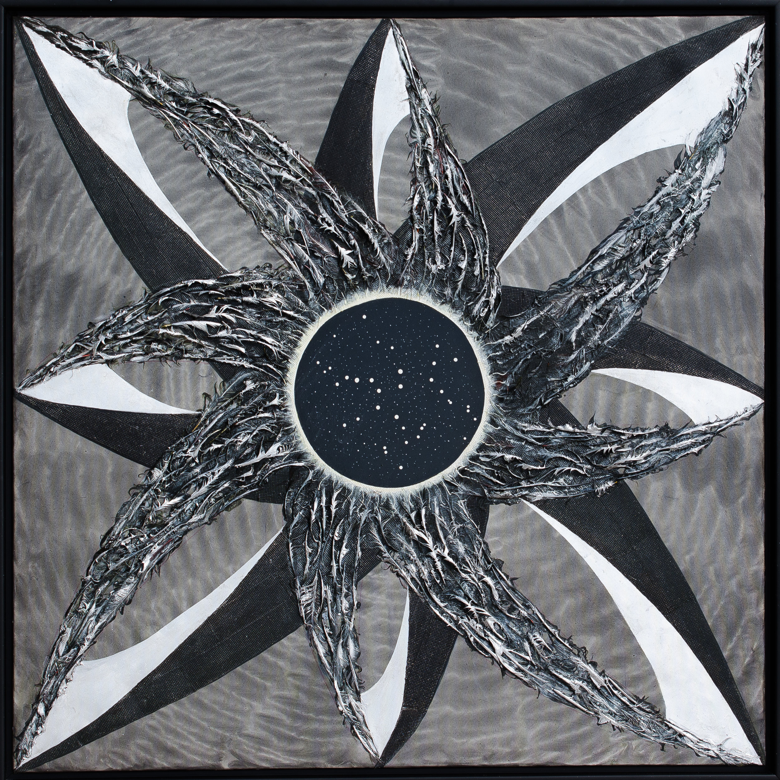 Abstract art with black and white star-like design with a textured surface and a speckled center resembling a starry night sky.