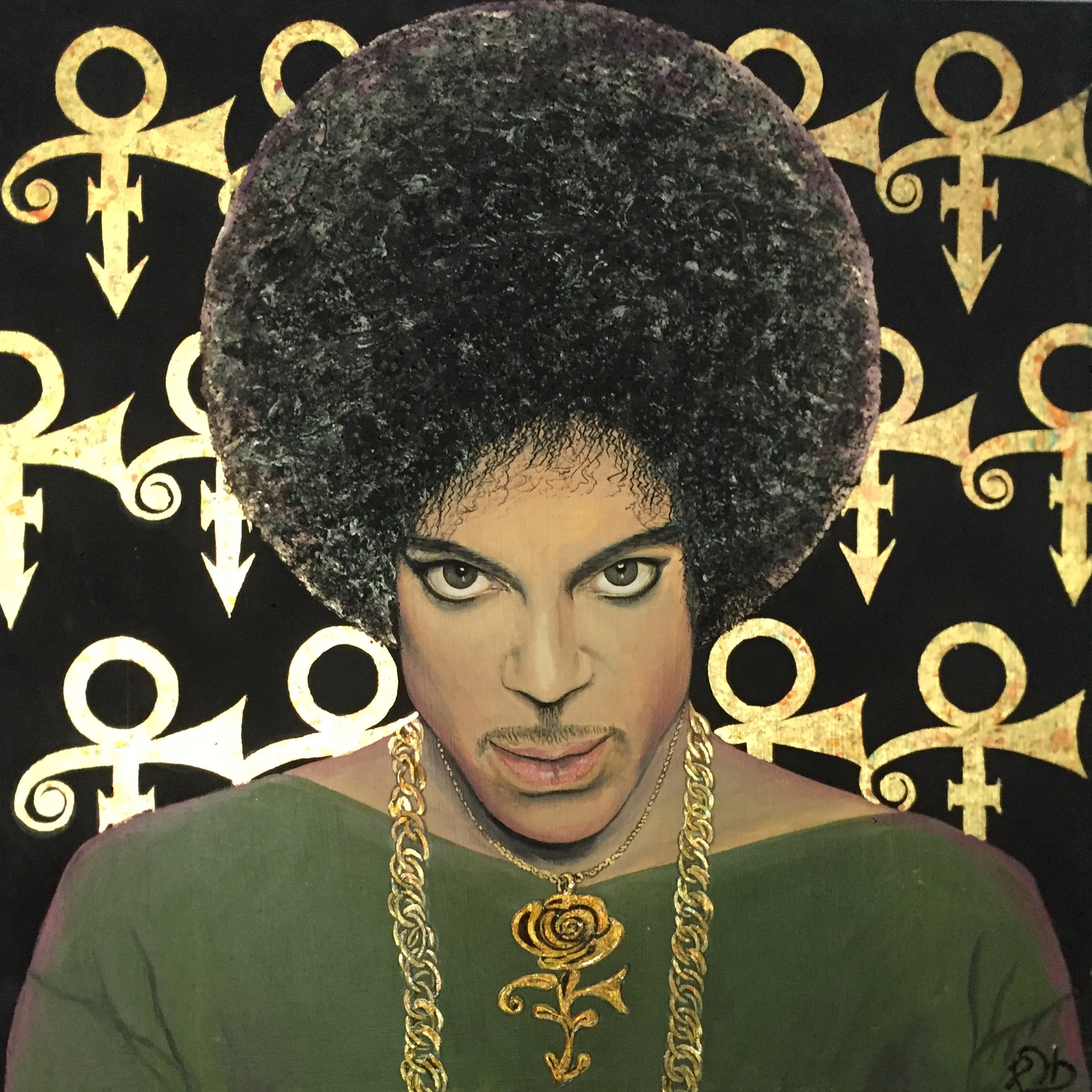 Artwork depicting a person with an afro, wearing a gold necklace with a symbol, against a background of repeated gold symbols on black.