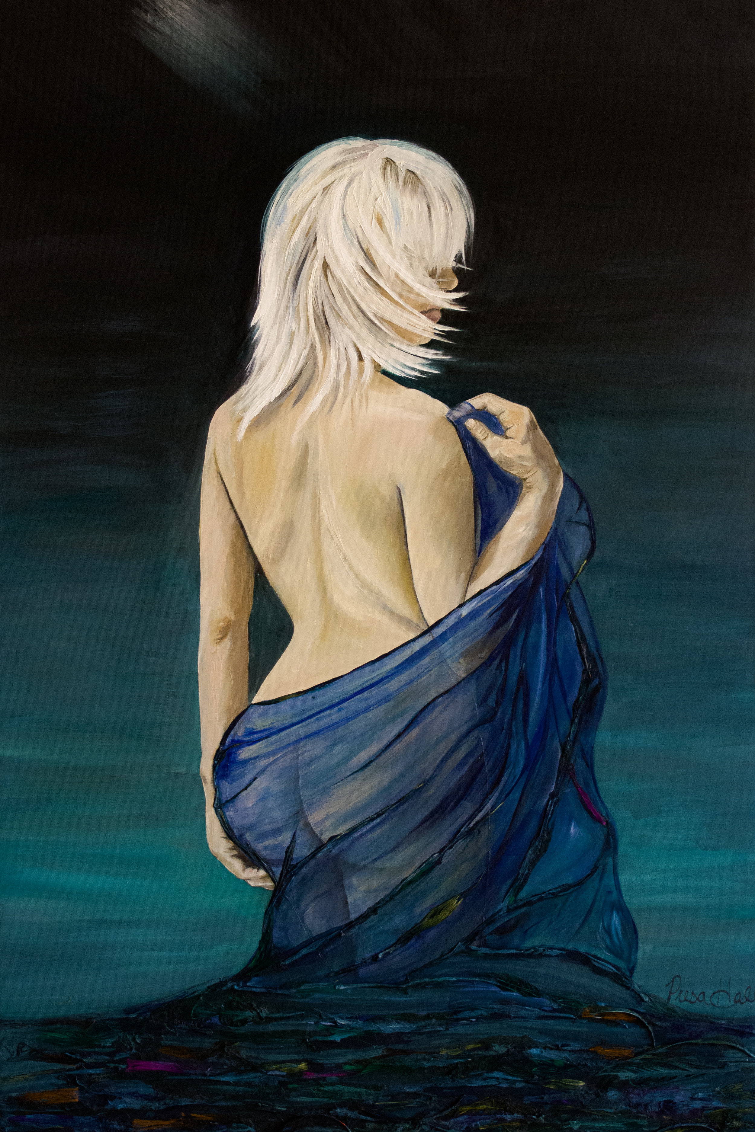 Artwork depicting a nude woman with blonde hair facing away, draped in a blue cloth.