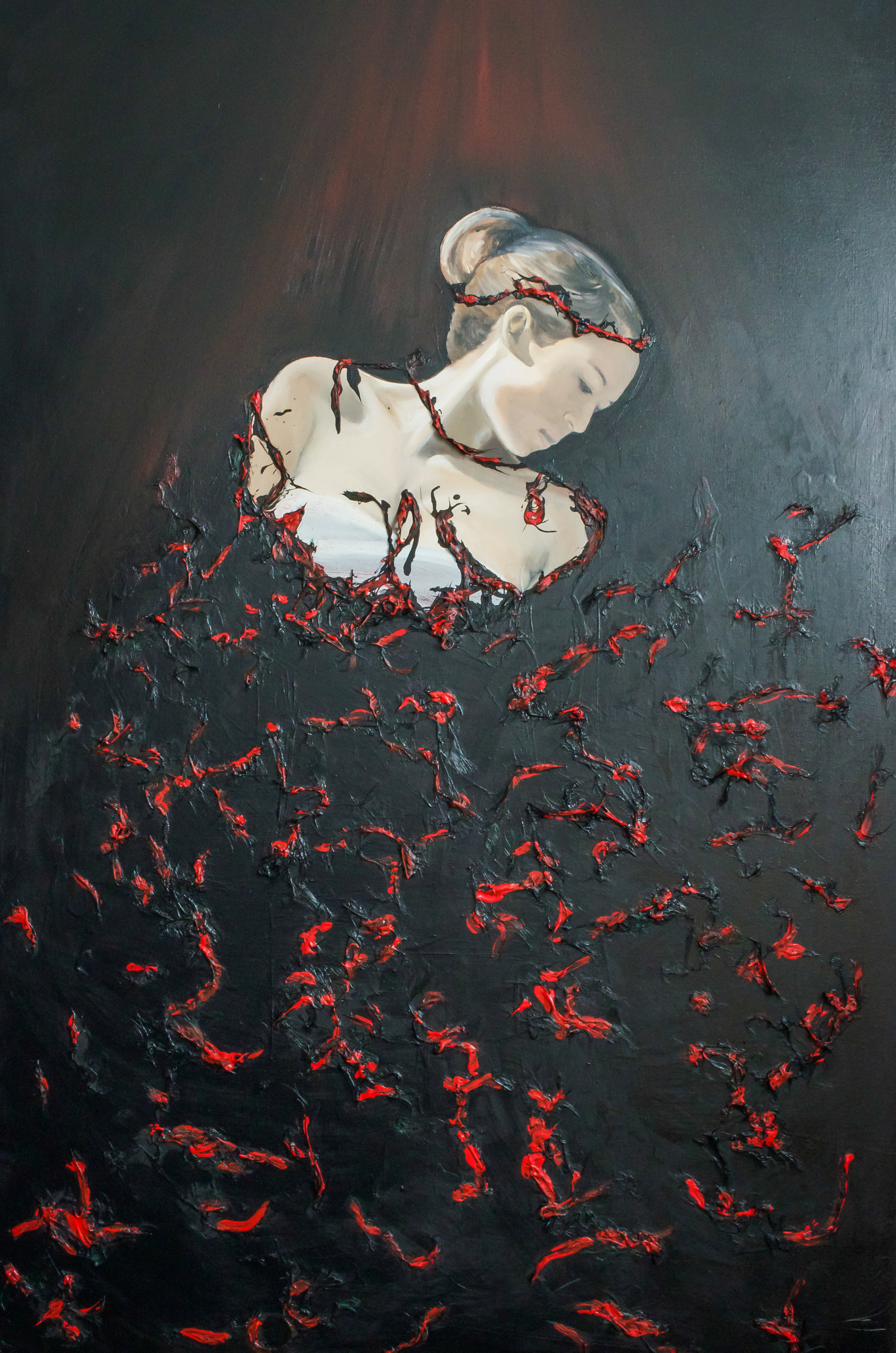 Abstract painting of a woman with dark swirling textures and red accents.