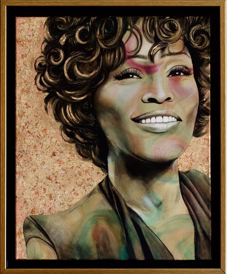 Artistic portrait of a woman with curly hair and a vibrant background, framed in gold.
