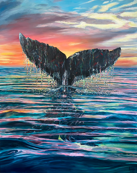 Painting of a whale tail emerging from the ocean at sunset.