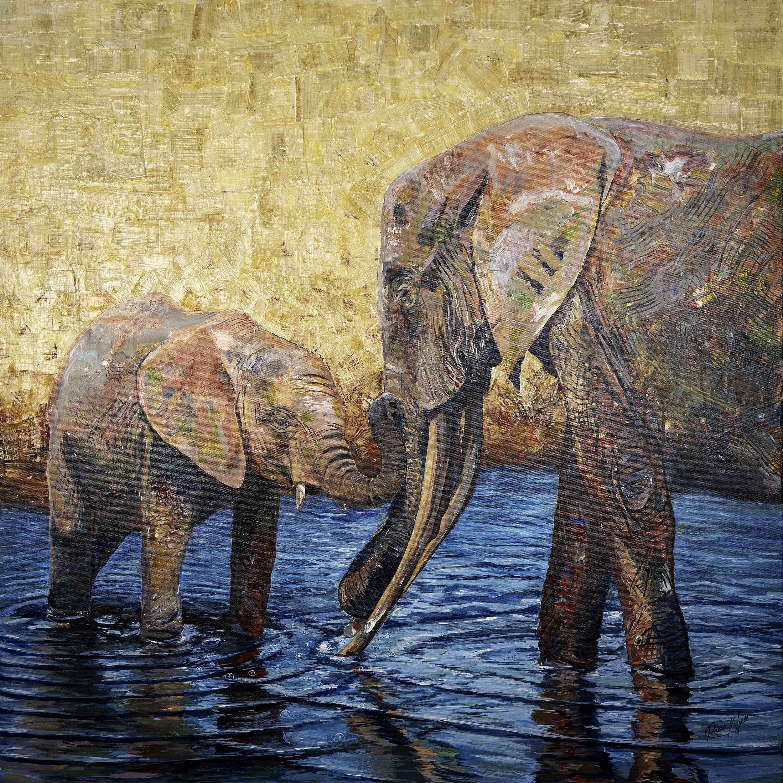 Painting of two elephants in water with a textured golden background.
