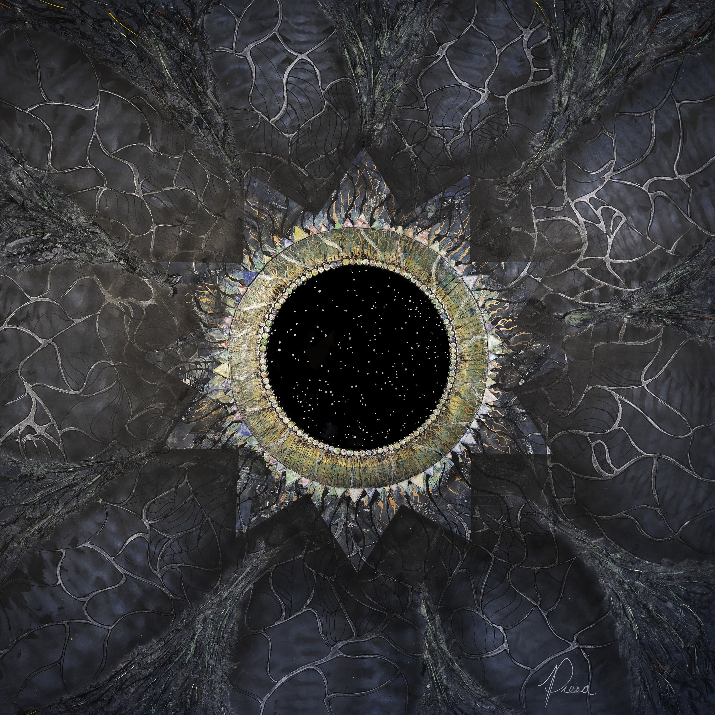 Abstract artwork depicting a dark circular abyss surrounded by intricate patterns and textures resembling organic veins or roots, with star-like white specks in the center.