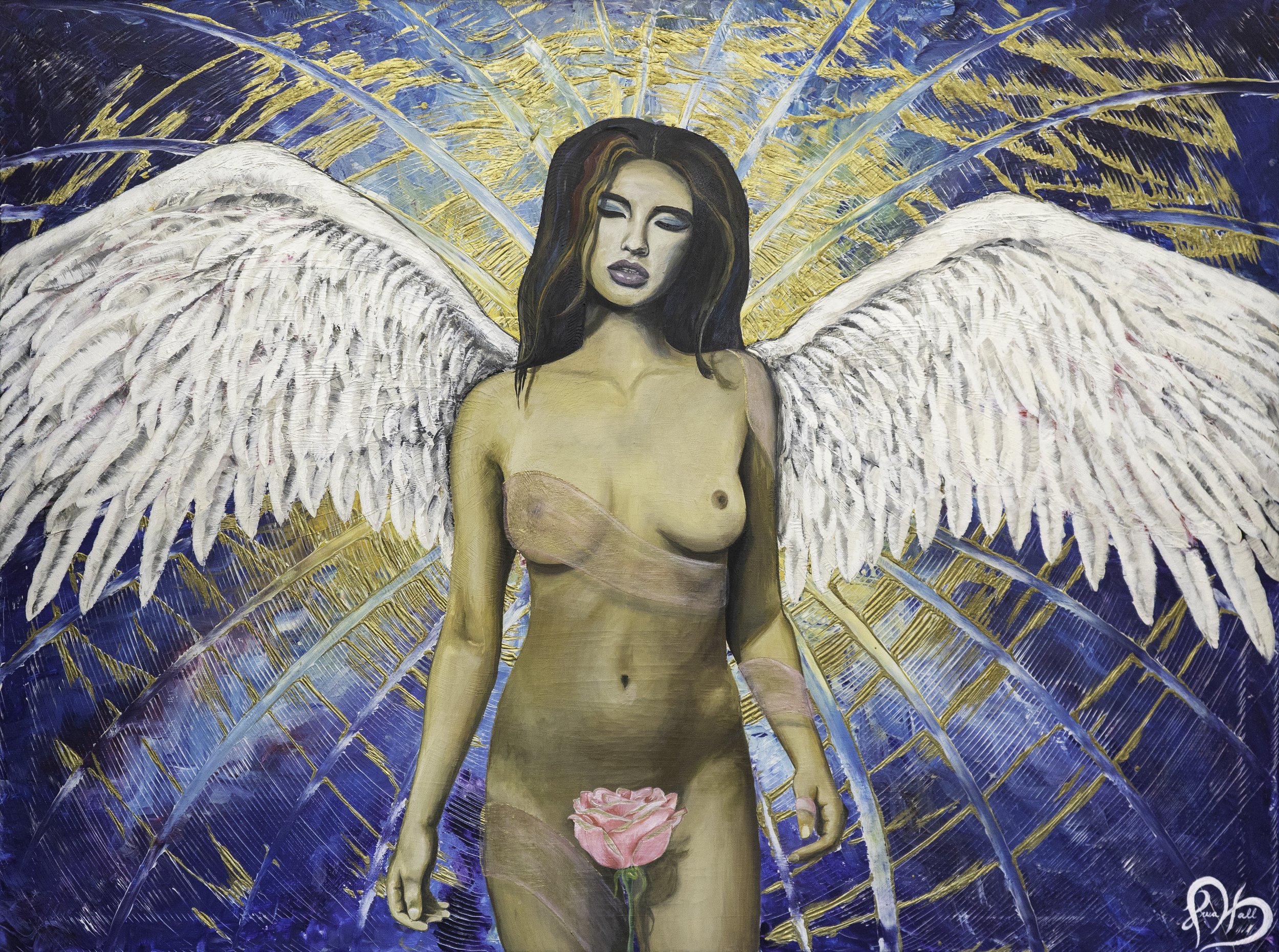 Painting of a female angel with wings, eyes closed, radiant background, and a pink rose between her legs.